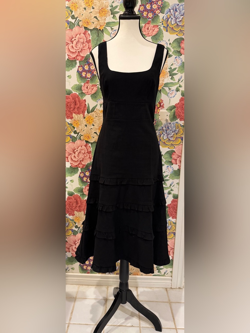 Anthropologie Black Square-Neck Tiered Dress